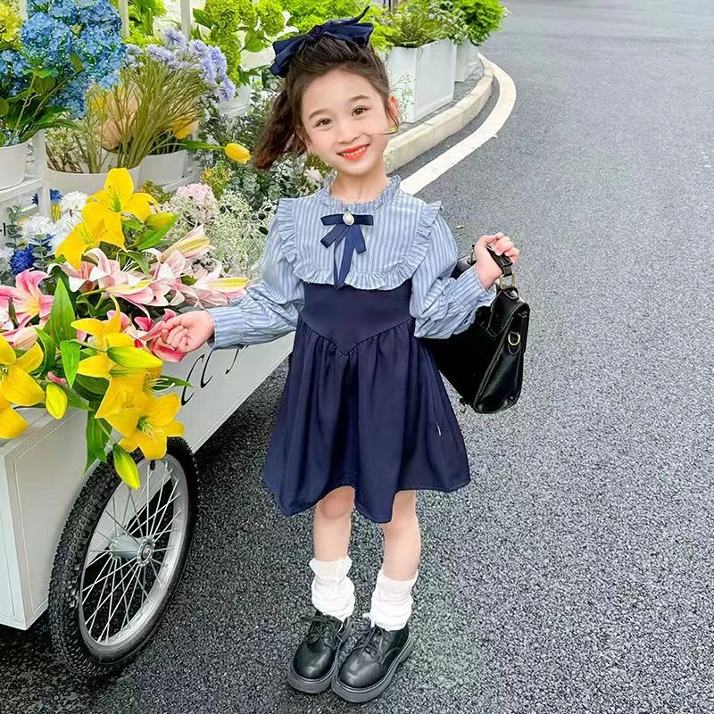 兮绯推荐6611女童学院风公主裙春秋韩系童装女童条纹拼接连衣裙子