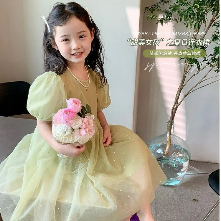 兮绯推荐6Y51芥绿闪闪纱裙女童夏季韩版网纱公主裙短袖礼服连衣裙