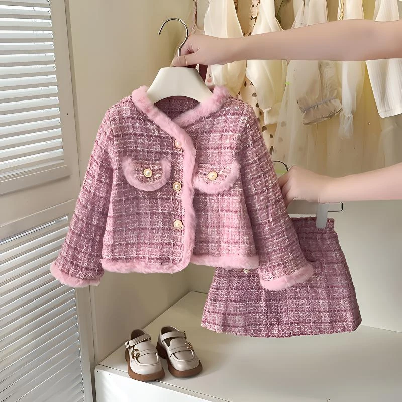 6580女童秋冬装夹棉加厚两件套装2025新款小女孩韩系小香风两件装