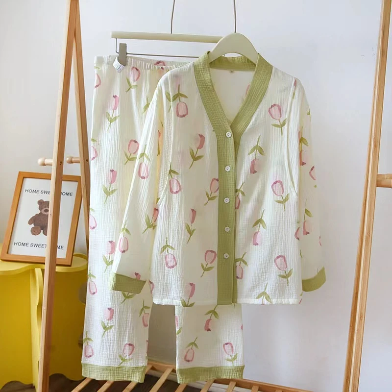 【孕妇装】泡泡棉纱孕妇哺乳睡衣郁金香套装双层透气夏季月子服