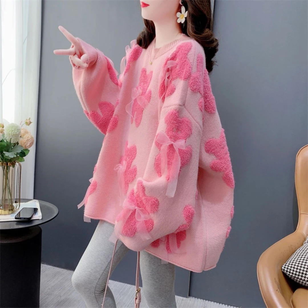 高级感超好看蝴蝶结圆领毛衣女秋冬外穿宽松慵懒风爆款洋气上衣潮