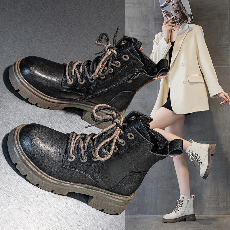 马丁靴女2025秋冬英伦风真皮加绒短靴时尚休闲百搭厚底侧拉链女靴