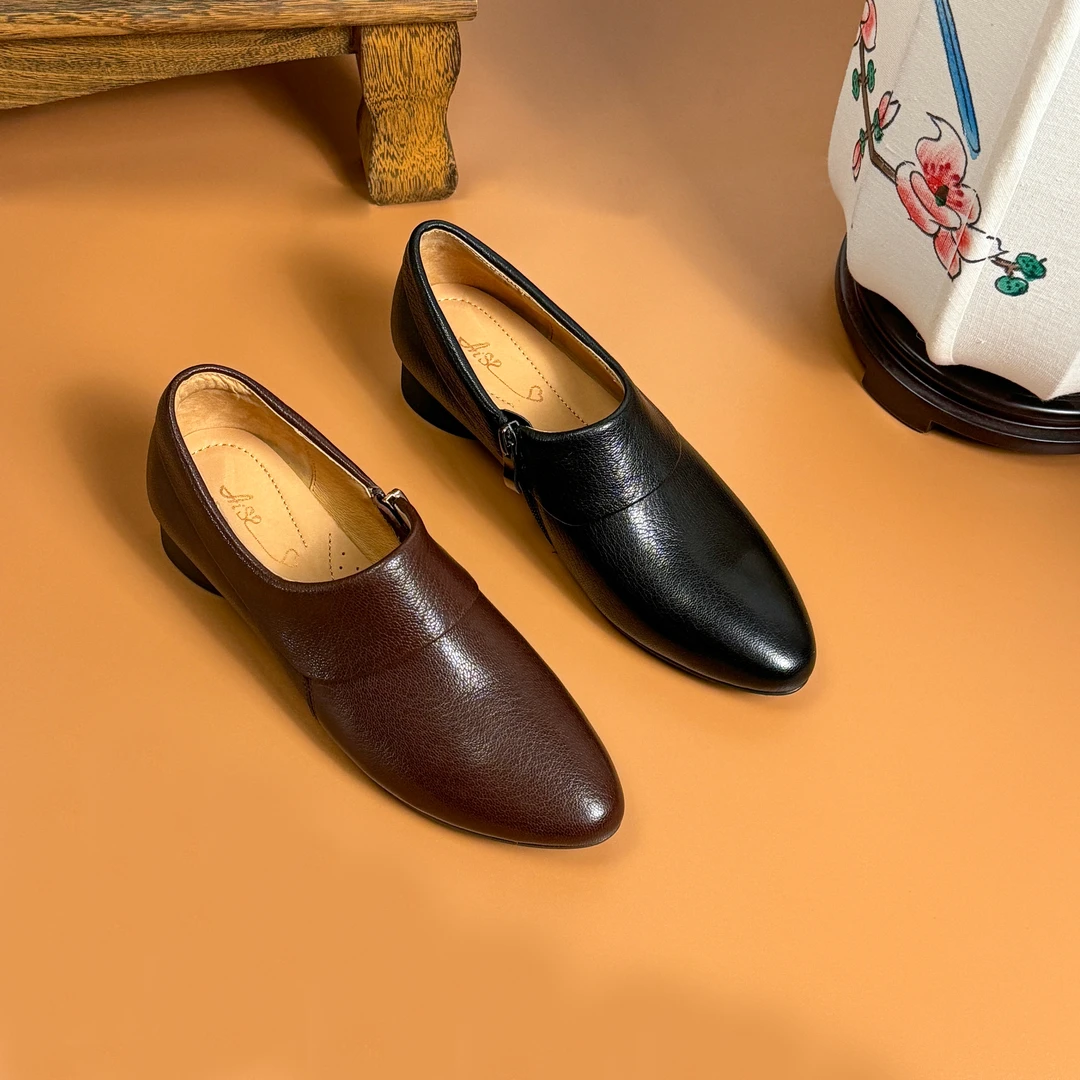 3CM低跟真皮单鞋时尚休闲百搭软底春季粗跟英伦风尖头秋季商务