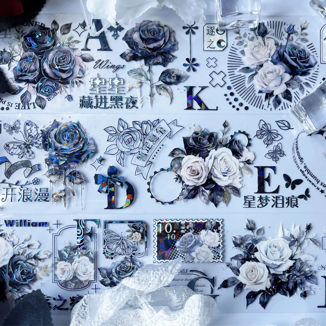 正能量手账-高颜值浪漫花花图案流麻炫彩贝壳光不同工艺贴纸胶带