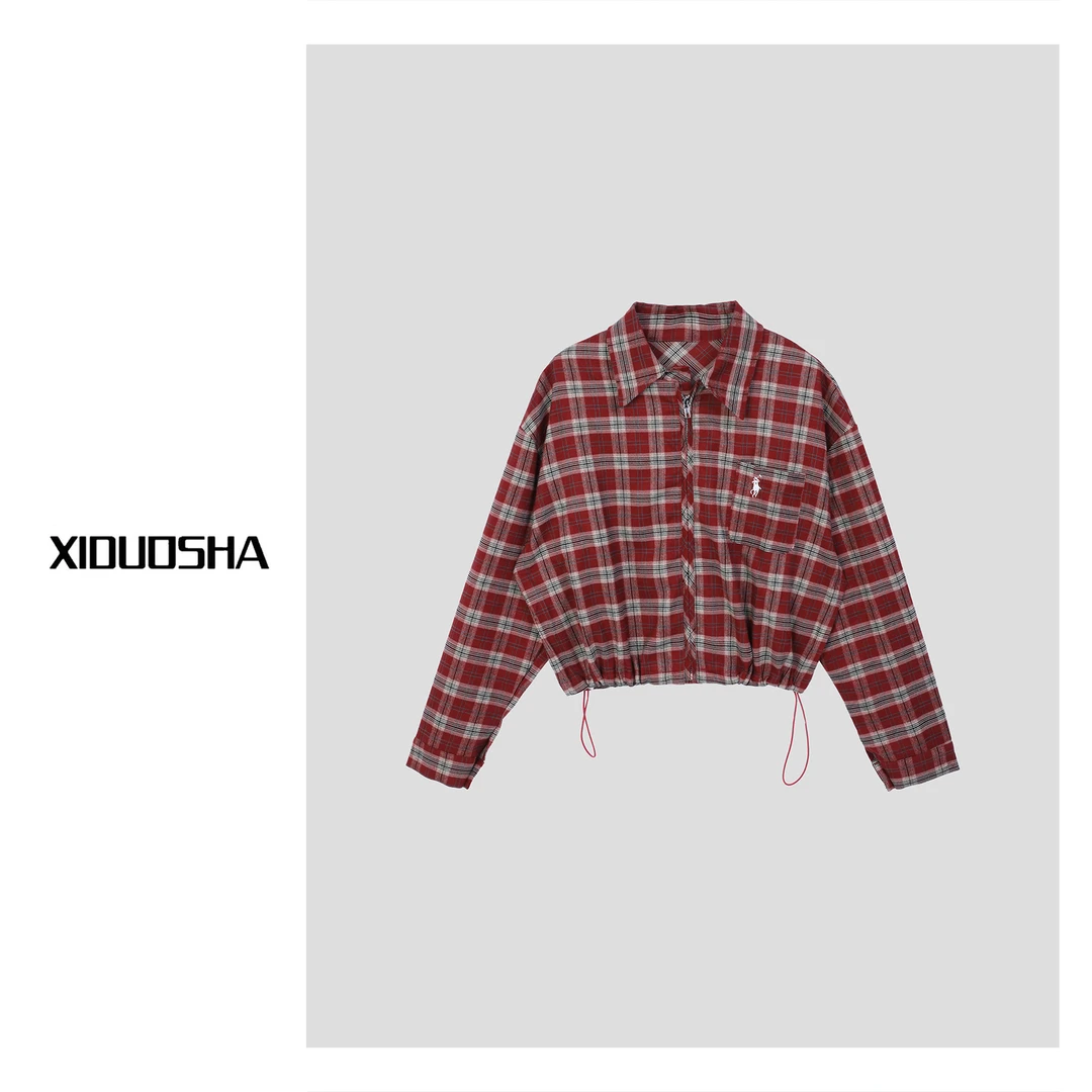 XIDUOSHA/喜朵莎原创设计师款时尚休闲长袖抽绳格子衬衫XDS631