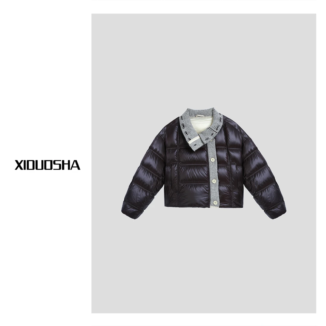 XIDUOSHA/喜朵莎原创设计款撞色针织领抽绳显瘦保暖羽绒服XDS900