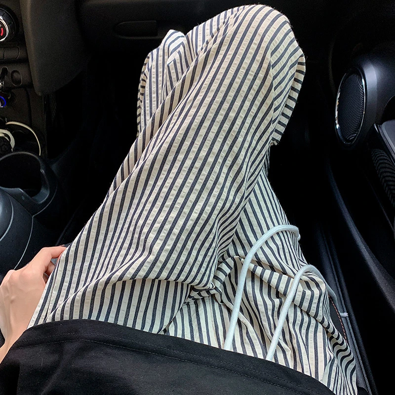 慵懒风夏季薄款宽松百搭黑白竖条纹抽绳垂感阔腿裤女休闲直筒长裤