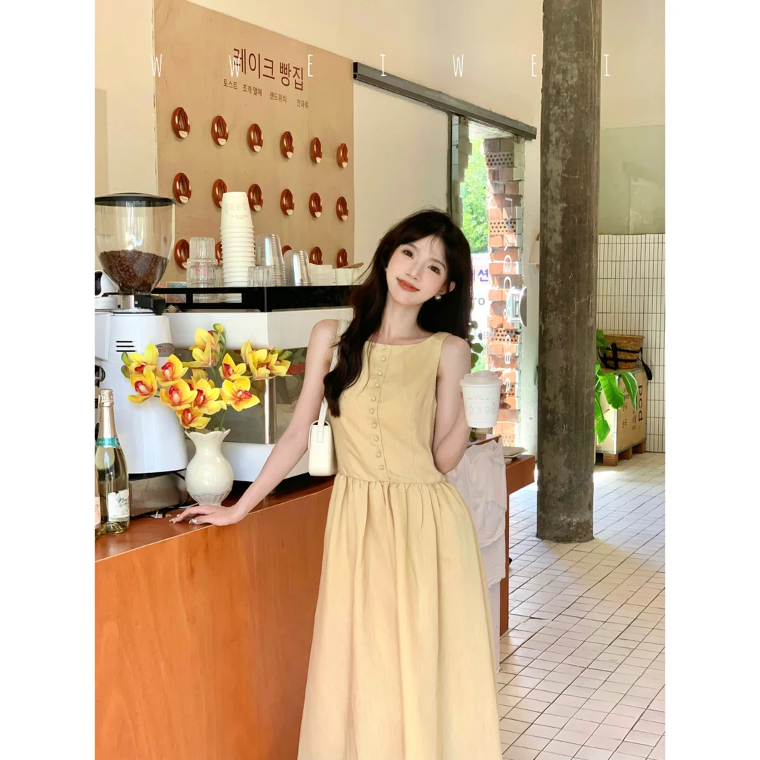 是玮玮哦【任意依恋】夏季法式黄色v领中长款连衣裙女小个子