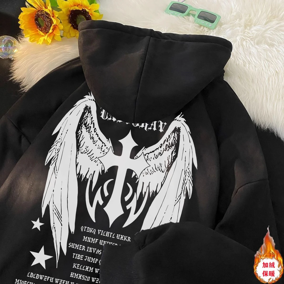 美式潮牌男童连帽卫衣秋冬装新款翅膀印花帅气中大童加绒加厚外套