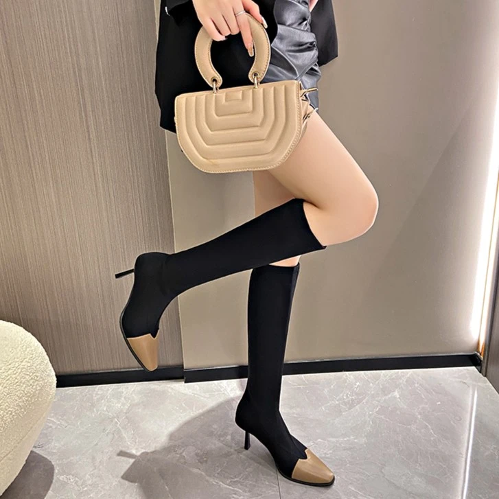 6CM 单靴2023新款尖头高跟弹力靴拼色显瘦细跟长靴女高筒靴
