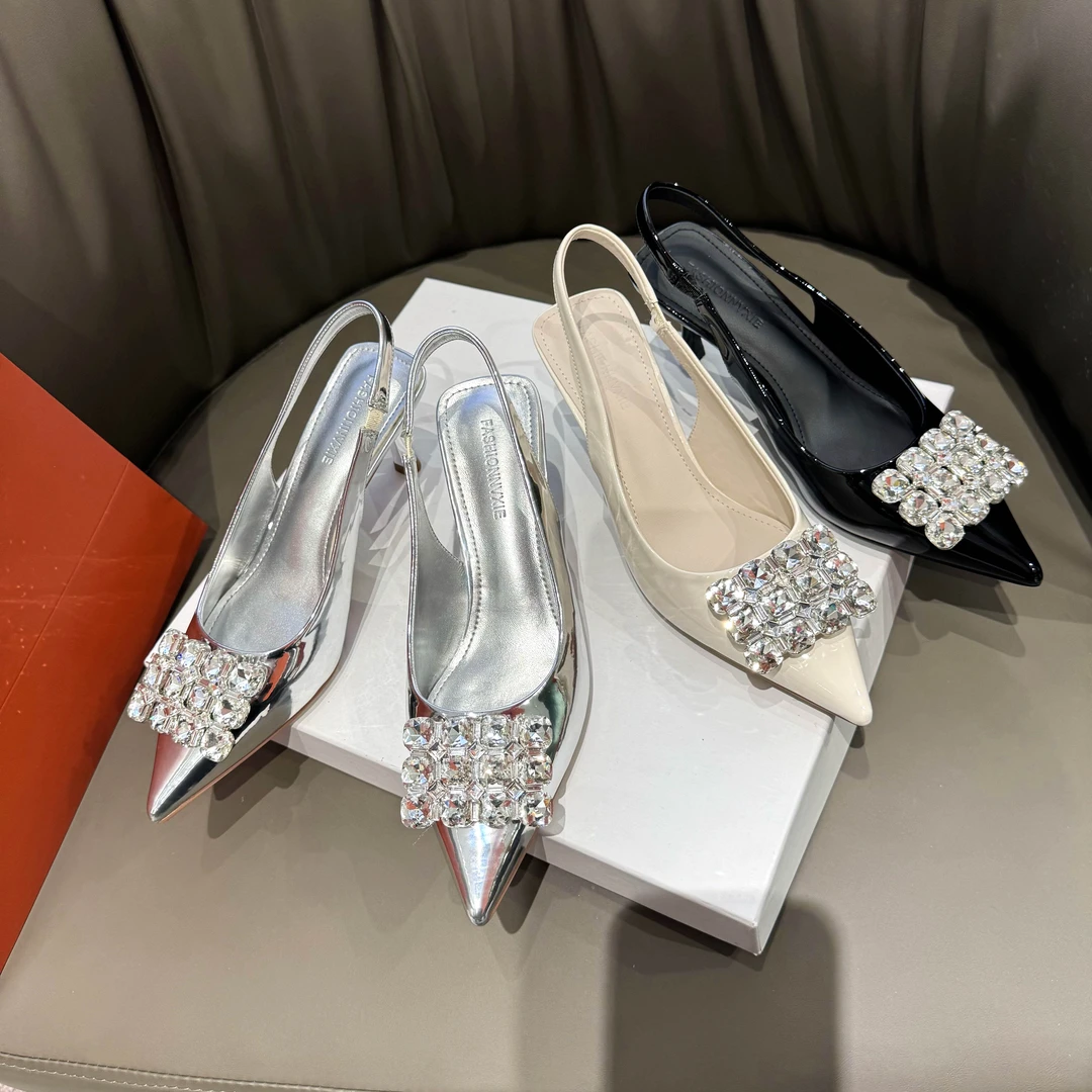 【5厘米】银色水钻方扣尖头高跟凉鞋女2024新款性感气质细跟高跟鞋