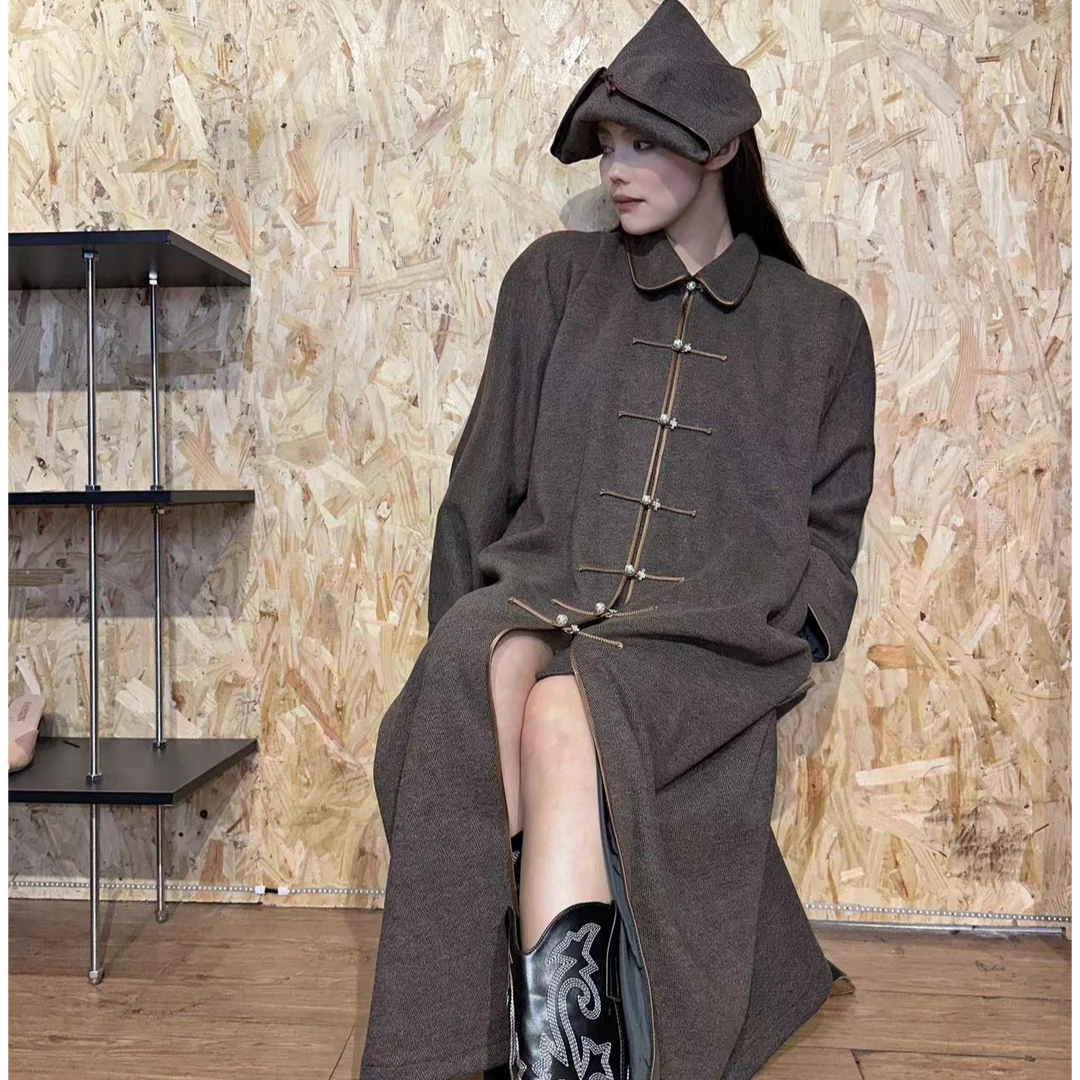 【大树蒙古袍】蒙氏秋季新款民族风设计款翻领楚吧袍毛呢长款带帽