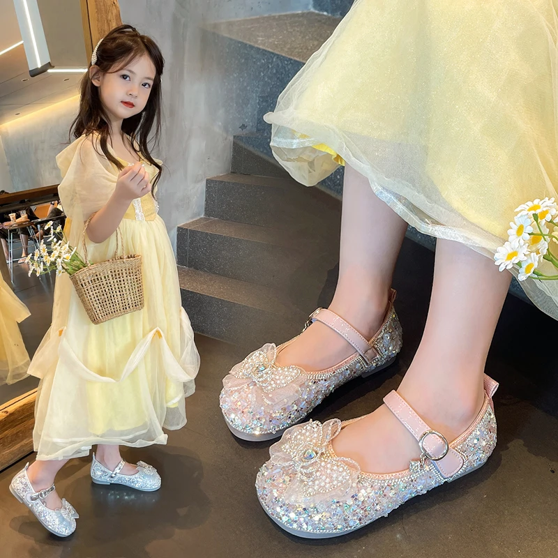 女童公主鞋春秋新款爱莎公主水晶鞋儿童皮鞋软底小女孩水钻宝宝鞋