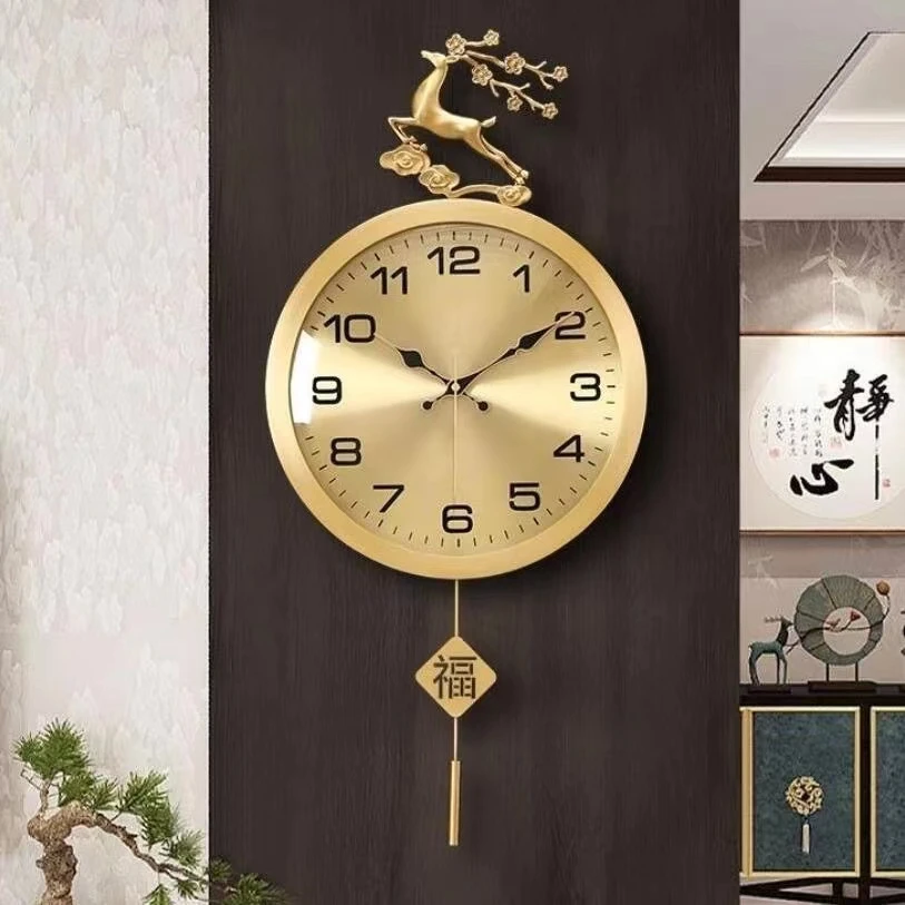 新中式黄铜挂钟现代轻奢静音表挂墙挂表大气创意壁钟个性石英时钟