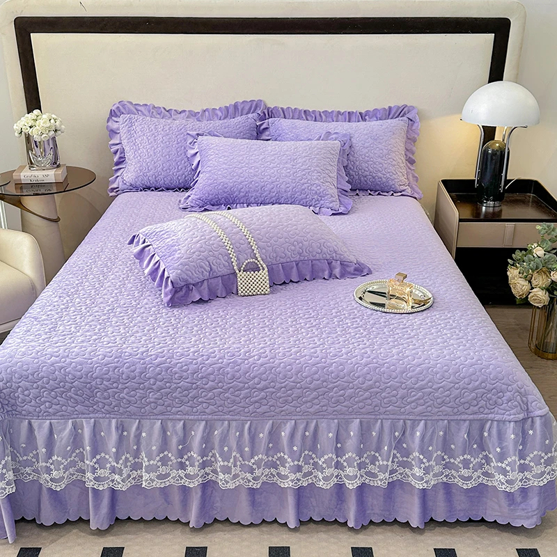 宝宝绒床盖，绗缝蕾丝床裙款