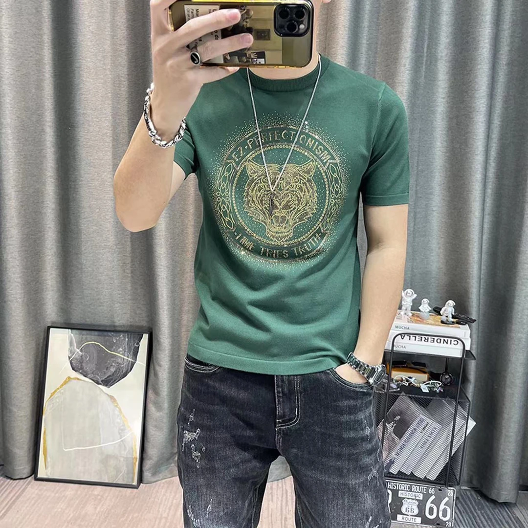 夏季新款潮牌男士纯棉短袖t恤韩版潮流轻奢老虎头烫钻百搭T恤半袖