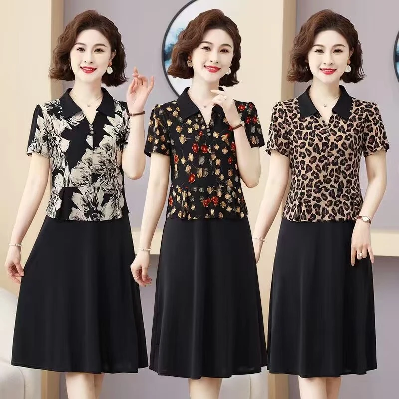 夏季新款中老年女士连衣裙时尚洋气大码假两件裙子显瘦碎花过膝裙