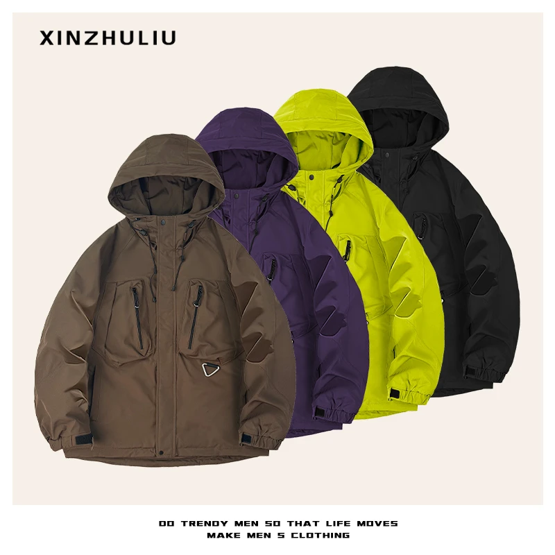 【冬季户外立体大口袋二棉冲锋衣】工装连帽保暖二棉厚外套61066