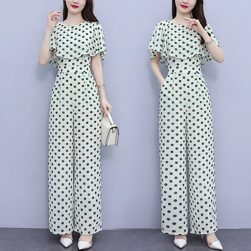时尚波点雪纺阔腿连体裤套装女夏2025新款气质高端正品连衣裤长款