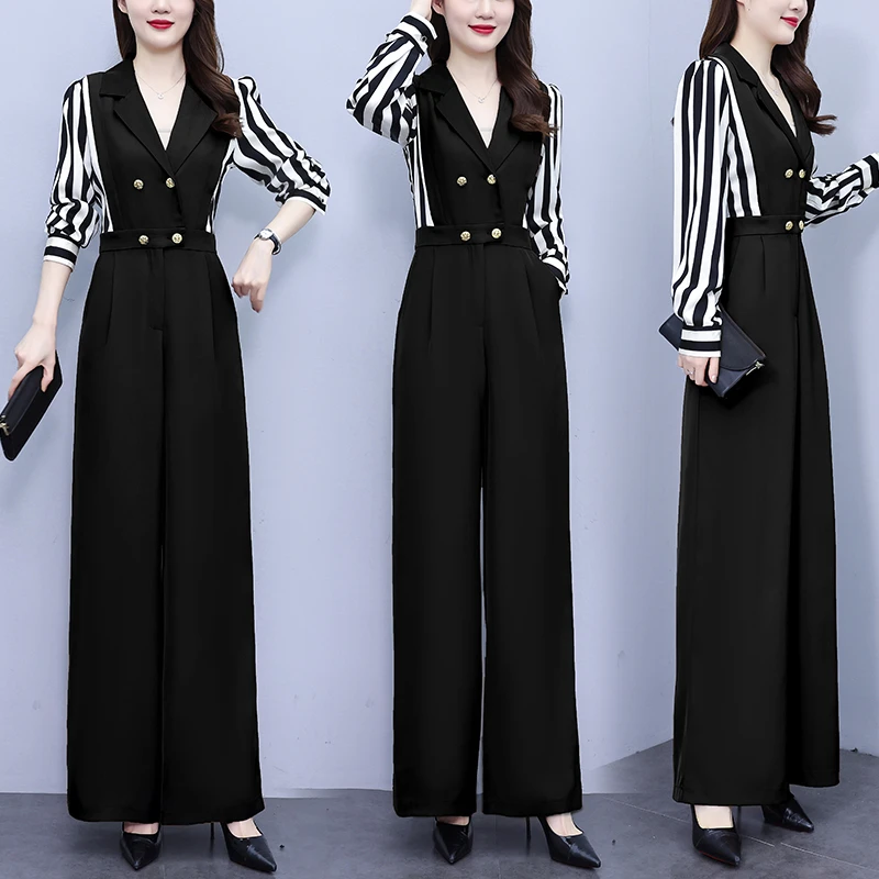 时尚条纹拼接西装连体裤套装女2025春秋新款气质长袖阔腿连身衣裤