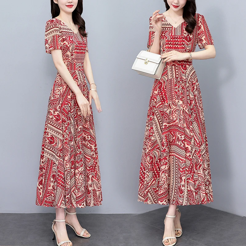 高档中年妈妈雪纺连衣裙女夏装2025新款气质大码遮肚显瘦大摆长裙