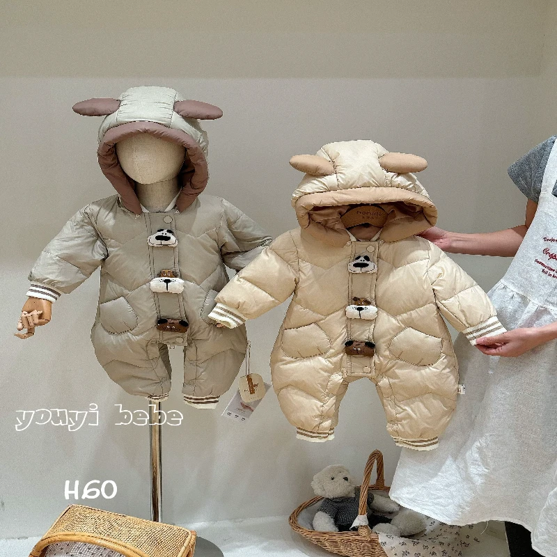 婴儿羽绒服冬季加厚冬装连体衣三只小狗卡通双拉链羽绒服60