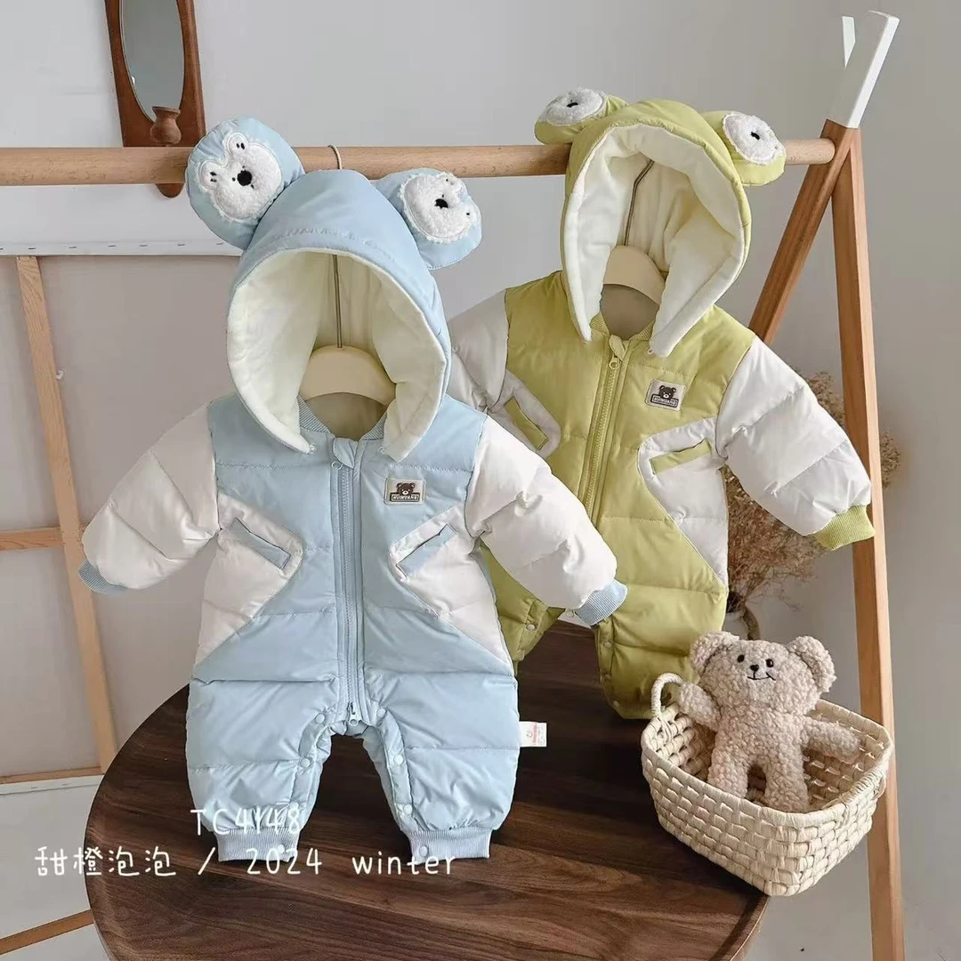 冬款冬季新生儿婴儿连体衣外出服宝宝泰迪熊玩偶白鸭绒羽绒服4148