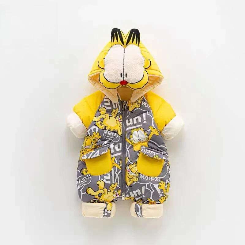 冬季婴儿宝宝连帽保暖婴幼儿卡通加菲猫白鸭绒婴儿羽绒服6008