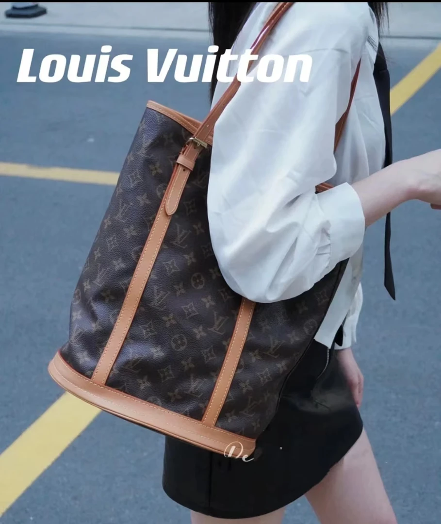 90新 LouisVuitton/路易威登 LV老花单肩包大号水桶