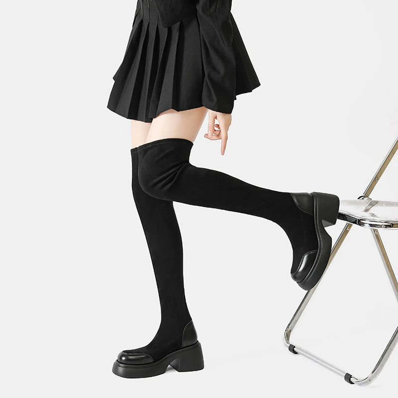 厚底黑色弹力过膝长靴女2023年秋冬不掉筒辣妹显瘦显腿长高筒袜靴