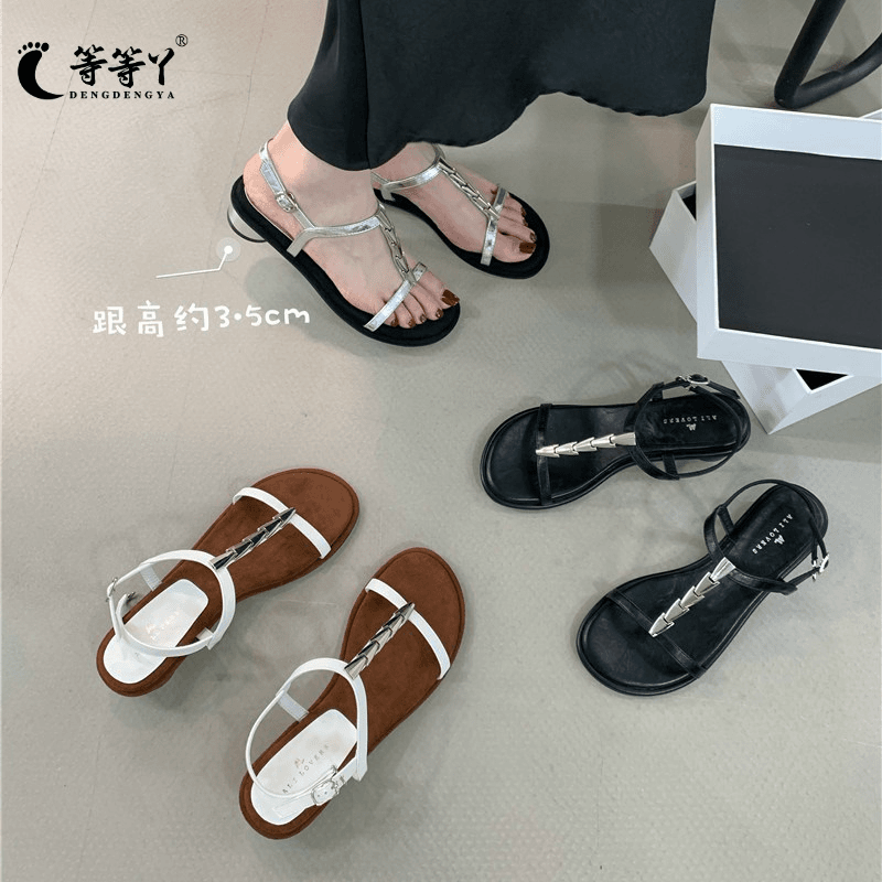 粗跟软底一字扣带凉鞋女厚底夏夏季中跟套趾罗马鞋