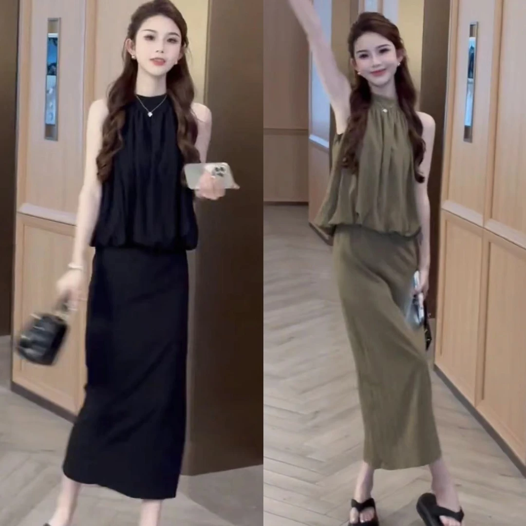 2024夏季新款小个子时尚气质套装无袖挂脖上衣显瘦半身裙两件套