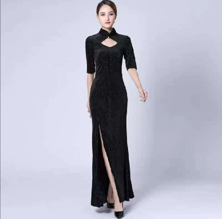 梵舒秋冬新款复古国风花色连衣裙改良版中长款旗袍D9995