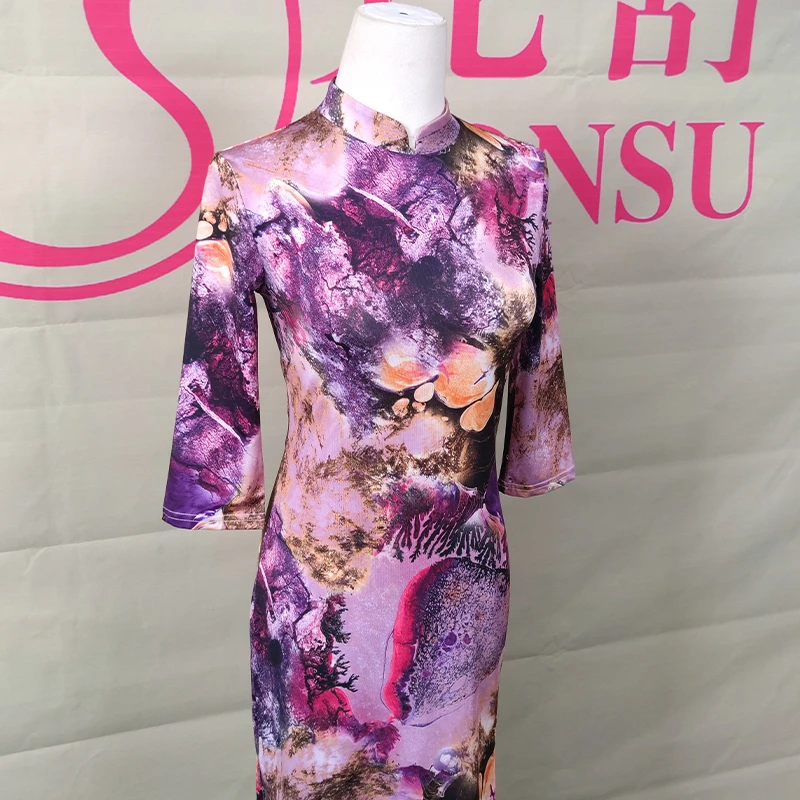 梵舒秋冬新款复古国风花色连衣裙改良版中长款旗袍XS3236珊瑚紫