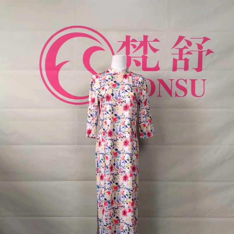 梵舒秋冬新款复古国风花色连衣裙改良版长款旗袍XS3236黄色满天星