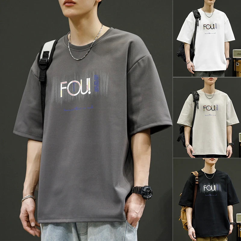 大码圆领T恤2024夏季潮流字母印花短袖男简约宽百搭松时尚日系