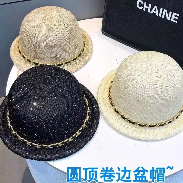 新款小香风渔夫帽女夏季薄款镂空透气盆帽卷边英伦复古显脸小礼帽
