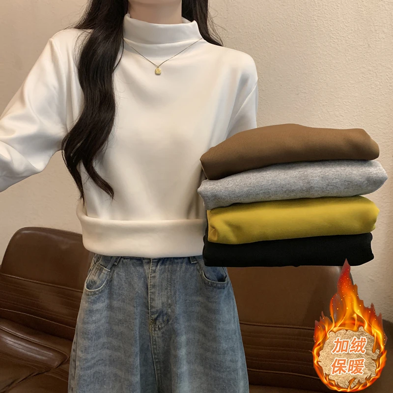 白色德绒打底衫女秋冬季新款半高领内搭保暖加厚加绒长袖t恤上衣