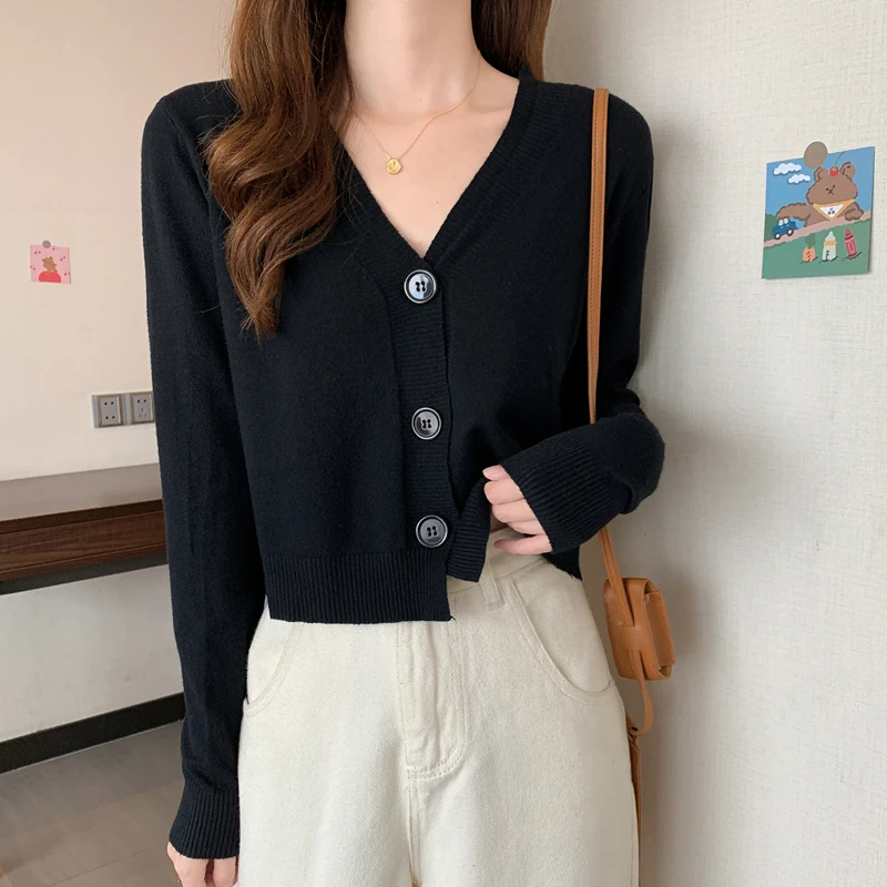 短款外套女士春秋季2025新款百搭长袖v领针织衫上衣秋冬开衫毛衣