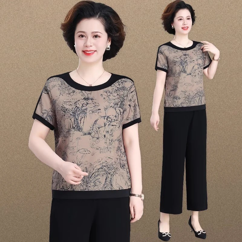 母亲节中年妈妈夏装短袖t恤洋气女夏季套装民族风小衫上衣两件套