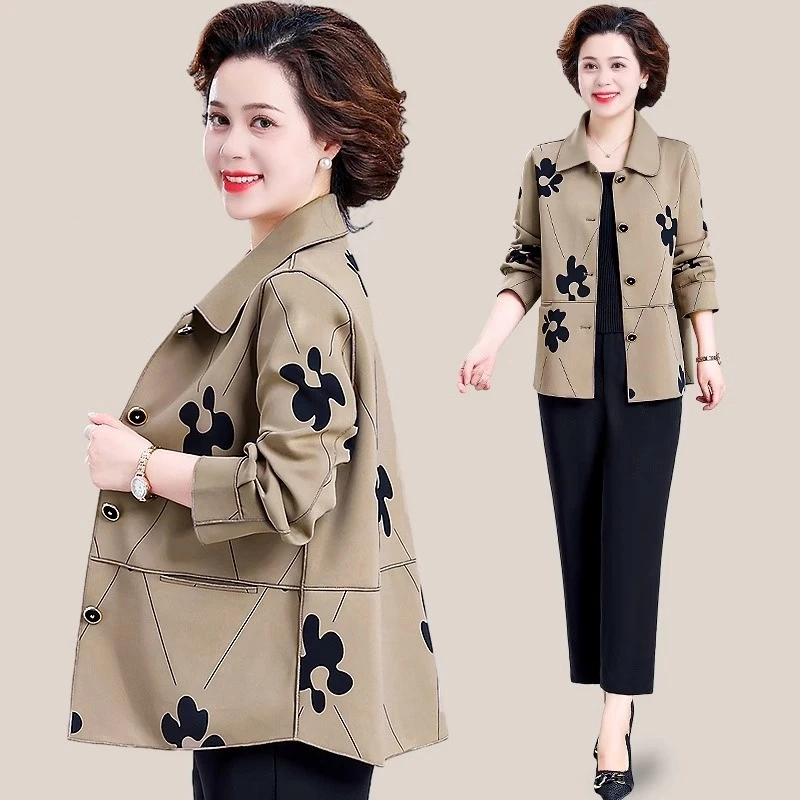 妈妈春装呢子外套2024新款中老年春秋洋气短款风衣时尚中年上衣女