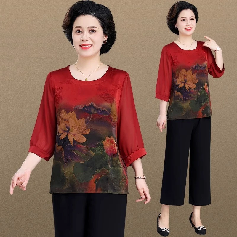 新中式妈妈夏装套装2024新款洋气小衫中老女装夏季国风短袖上衣服