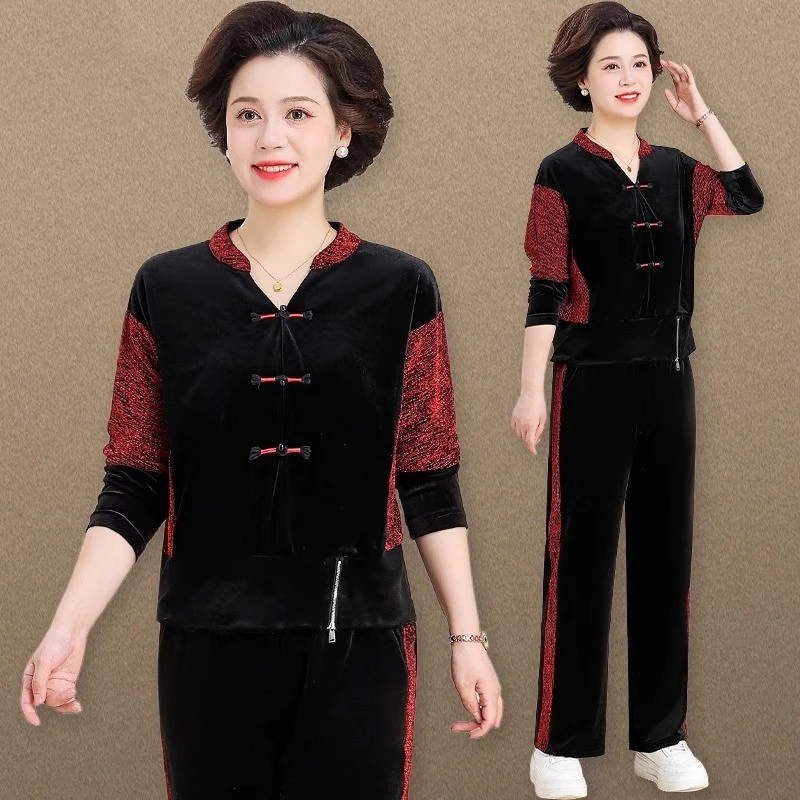 新中式妈妈秋装金丝绒运动服套装2024新款中老年女春秋洋气两件套