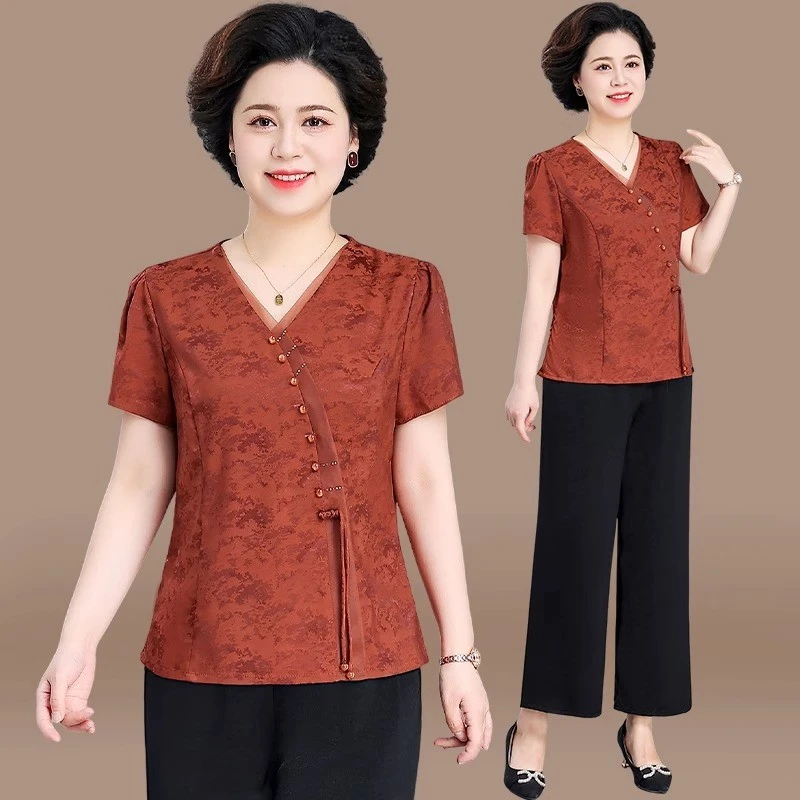 新中式妈妈夏装2025新款小衫套装中老年女夏季国风短袖上衣两件套