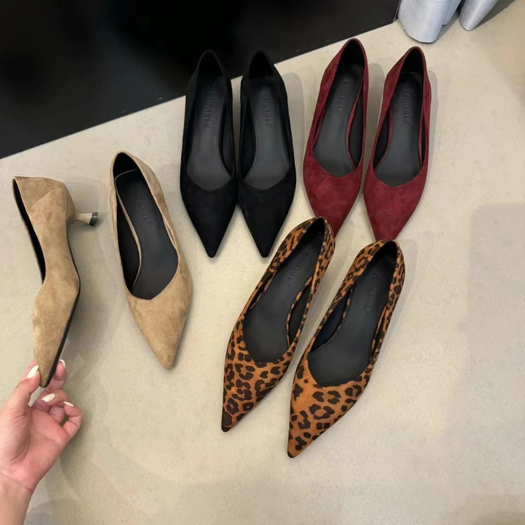 法式气质浅口高跟鞋单鞋2024秋季新款尖头绒面百搭豹纹细跟高跟鞋