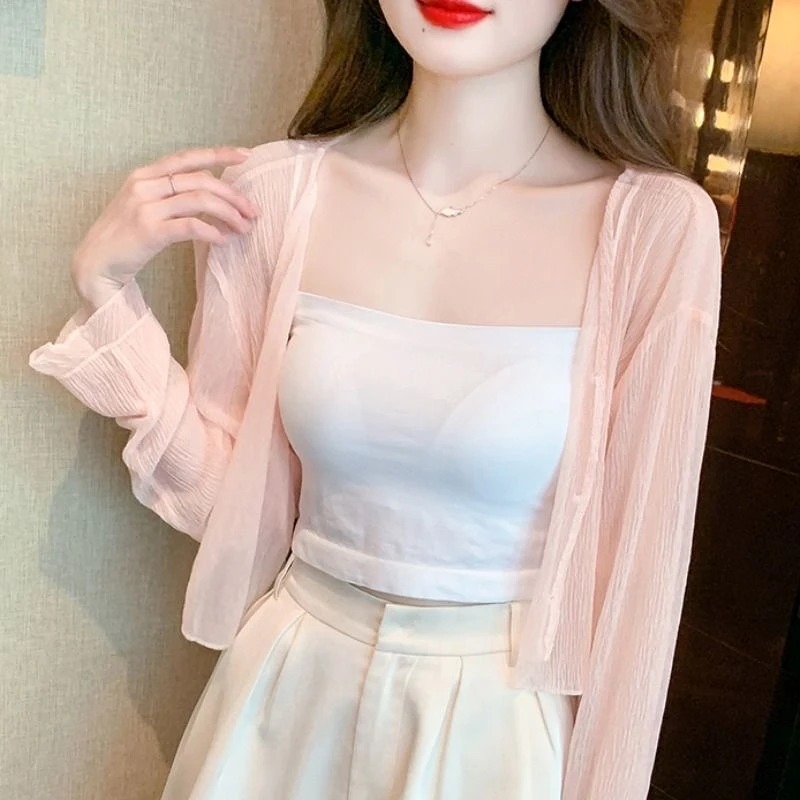 冰丝雪纺防晒衣外套女夏薄款长袖外搭配吊带裙子小披肩空调衫短款