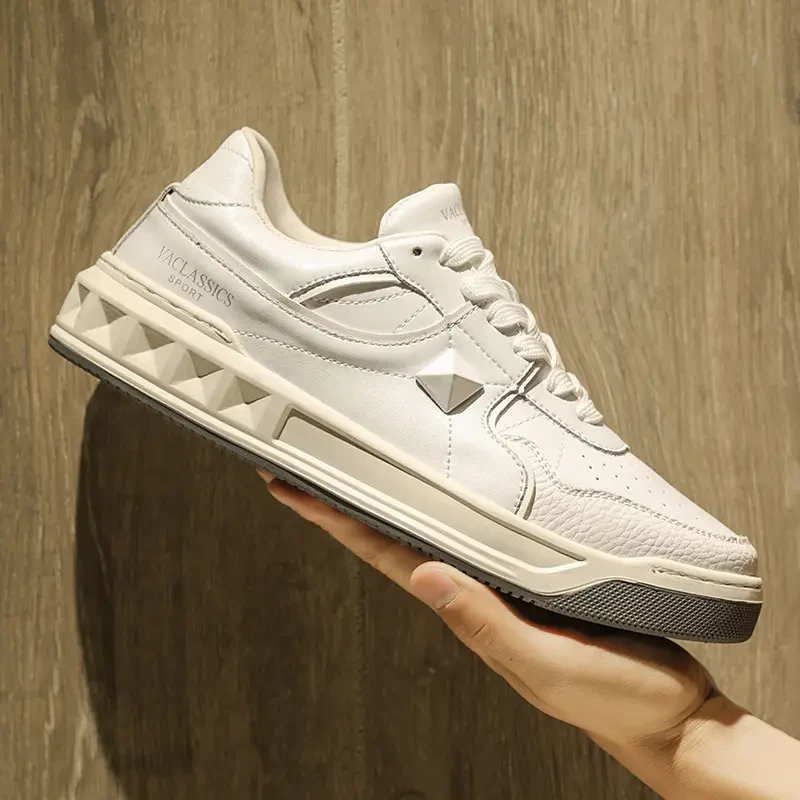 华伦V家夏季真皮小白鞋男鞋铆钉潮鞋黑白熊猫板鞋百搭增高休闲鞋