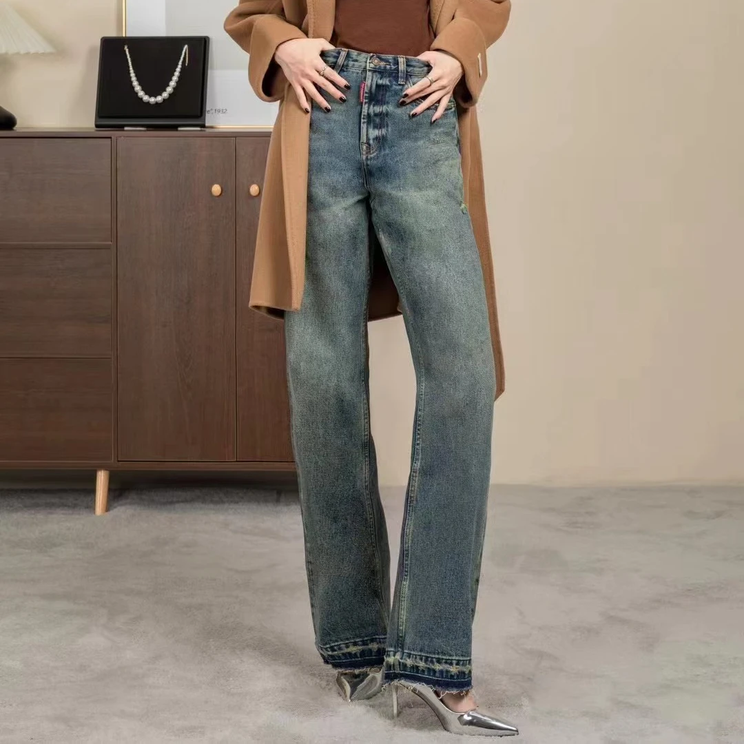 若曼莲复古百搭秋冬季新款2024显瘦宽松直筒喇叭牛仔裤低腰阔腿裤