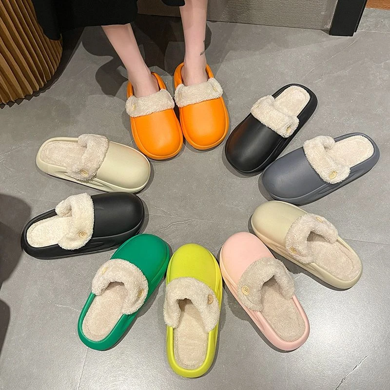 2024新款厚底加绒棉拖一脚蹬防滑软底宿舍拖鞋女外穿时尚爆款男士