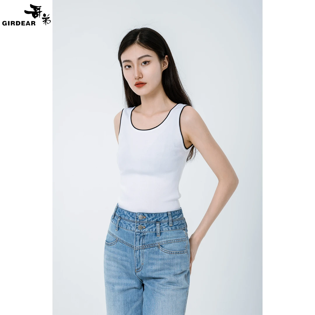 GIRDEAR/哥弟经典黑白U领简约时尚百搭针织修身弹力背心  1399608